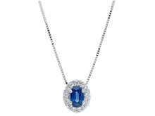 Load image into Gallery viewer, 18k white gold necklace oval 0.35 sapphire diamonds frame pendant venetian chain.
