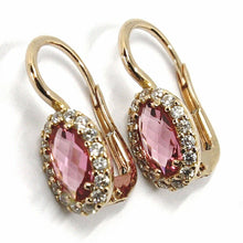 Load image into Gallery viewer, 18k rose gold leverback flower earrings, oval pink crystal, cubic zirconia frame
