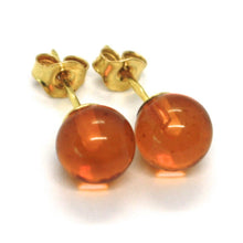 Load image into Gallery viewer, solid 18k yellow gold lobe earrings, orange amber 8 mm spheres butterfly closure.
