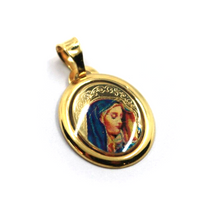 Load image into Gallery viewer, 18k yellow gold enamel oval medal pendant, 17x15mm Virgin Mary Madonna.
