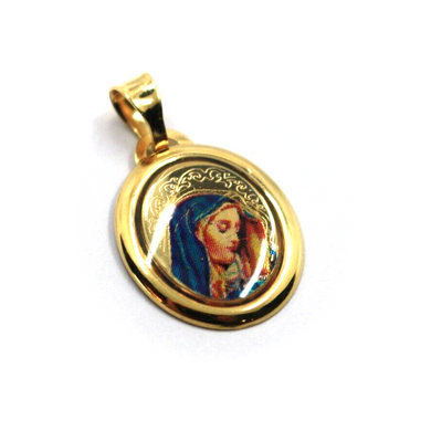 18k yellow gold enamel oval medal pendant, 17x15mm Virgin Mary Madonna.
