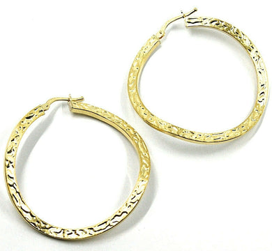 18K YELLOW GOLD CIRCLE HOOPS PENDANT EARRINGS, 4 cm x 2 mm WORKED & ONDULATE.