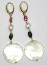 Load image into Gallery viewer, 18k yellow gold pendant earrings, mother of pearl disc, green red tourmaline.
