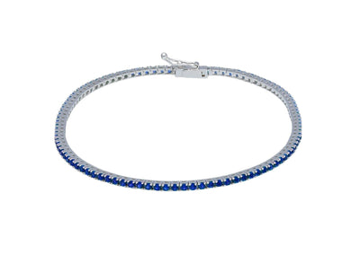 18K WHITE GOLD TENNIS BRACELET BLUE 2mm CUBIC ZIRCONIA ROUND CUT, 18cm, 7.1