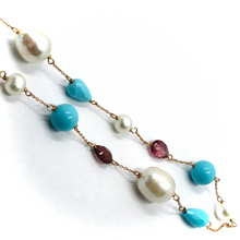 Load image into Gallery viewer, 18k rose gold 25.6&quot; necklace turquoise paste spheres red tourmaline drops pearls.
