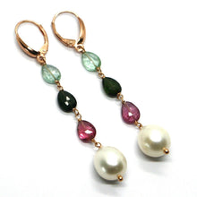 Load image into Gallery viewer, 18k rose gold pendant earrings purple blue green tourmaline drops big 12mm pearl
