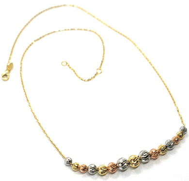 18K YELLOW WHITE ROSE GOLD NECKLACE, ALTERNATE FACETED WORKED BALLS SPHERES.