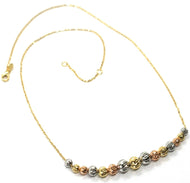18K YELLOW WHITE ROSE GOLD NECKLACE, ALTERNATE FACETED WORKED BALLS SPHERES.