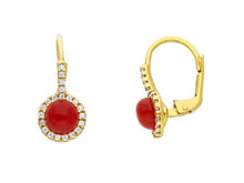 Load image into Gallery viewer, 18K YELLOW GOLD CABOCHON RED CORAL 20mm PENDANT EARRINGS, CUBIC ZIRCONIA FRAME
