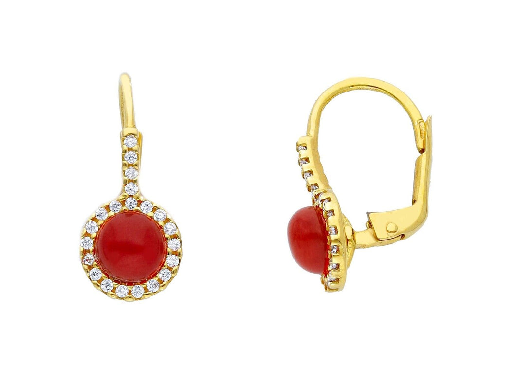 18K YELLOW GOLD CABOCHON RED CORAL 20mm PENDANT EARRINGS, CUBIC ZIRCONIA FRAME