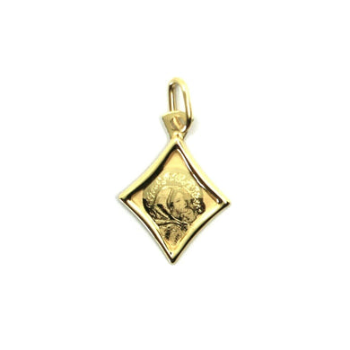 18K YELLOW GOLD MEDAL PENDANT, VIRGIN MARY AND JESUS, SMALL 16mm RHOMBUS.