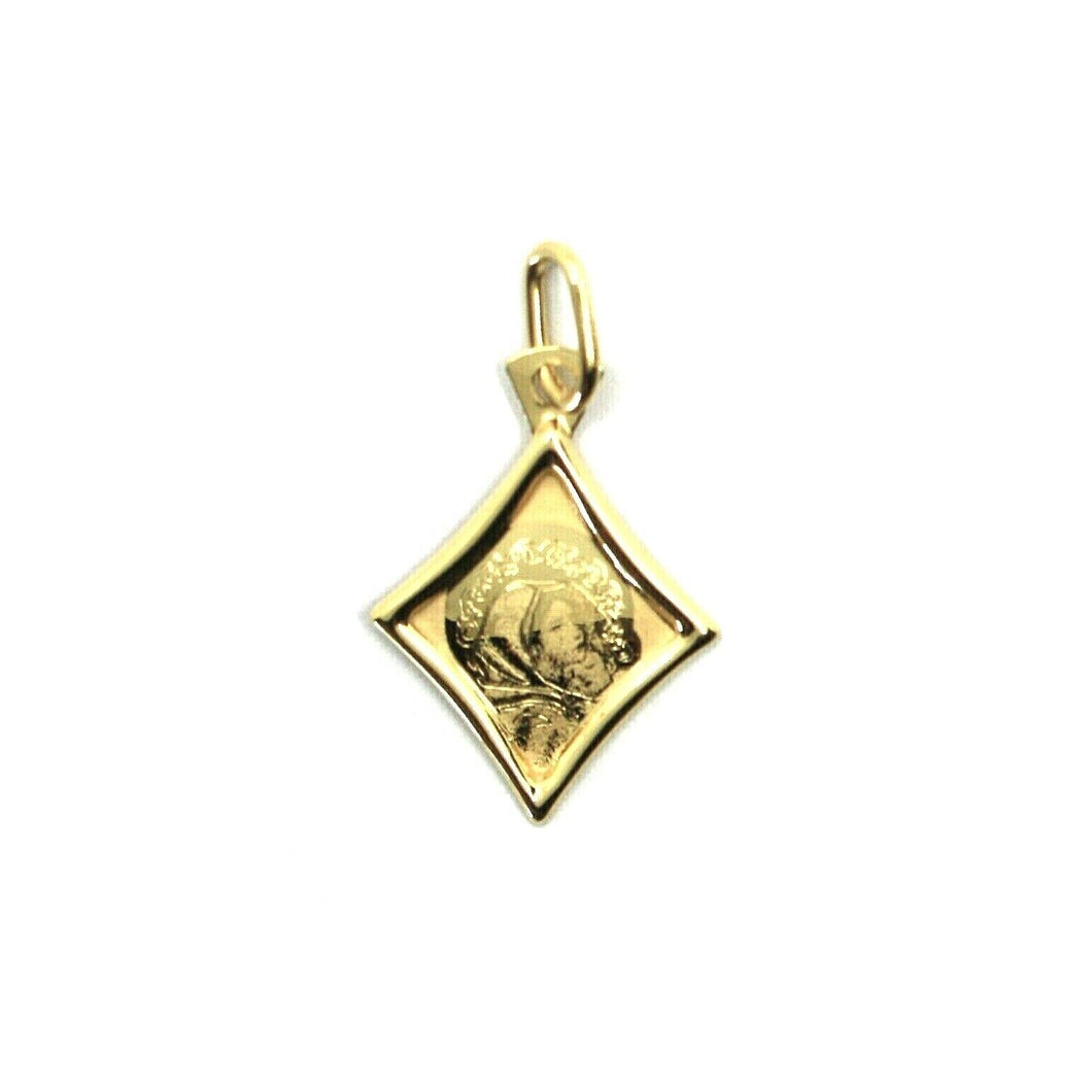 18K YELLOW GOLD MEDAL PENDANT, VIRGIN MARY AND JESUS, SMALL 16mm RHOMBUS