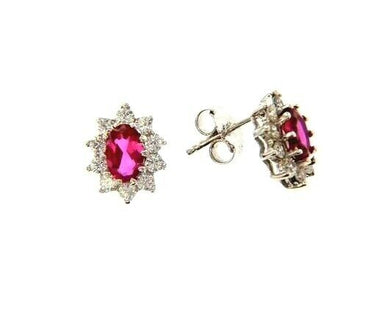 18k white gold flower earrings oval red crystal and cubic zirconia frame.