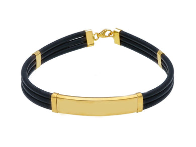 18K YELLOW GOLD BRACELET 7mm RECTANGULAR SMOOTH PLATE & TRIPLE BLACK RUBBER TUBE.
