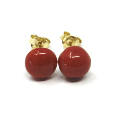 18k yellow gold half sphere red coral button earrings, 7.5 mm, 0.3 inches.