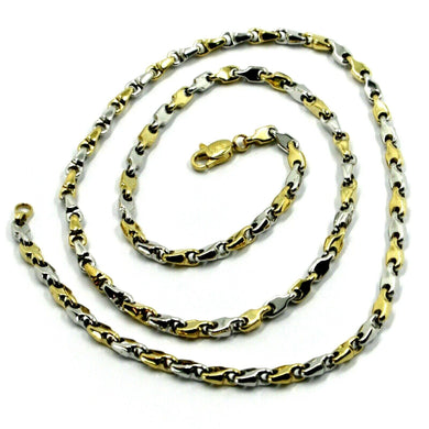18k white yellow gold chain necklace alternate drop ondulate tube links, 24