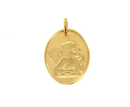 18K YELLOW GOLD PENDANT OVAL MEDAL GUARDIAN ANGEL 18mm ENGRAVABLE.