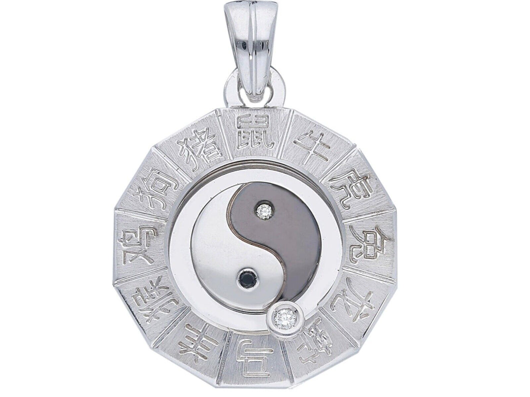 solid 18k white gold japanese zodiac sign round 23mm diamond yin yang pendant.