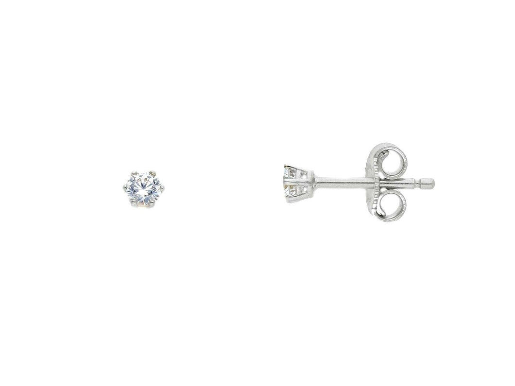 18K WHITE GOLD STUD EARRINGS WHITE 3mm CUBIC ZIRCONIA, 6 PRONG, SOLITAIRE