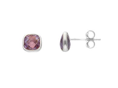 18K WHITE GOLD STUD BUTTON EARRINGS SQUARE AMETHYST CUSHION CUT, LENGTH 8mm.