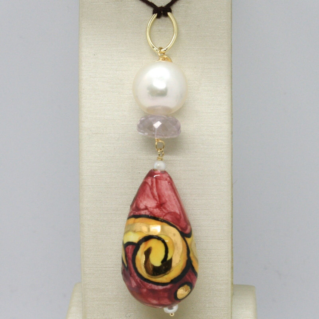 18k yellow gold pendant amethyst, pearl & ceramic big drop hand painted in Italy.