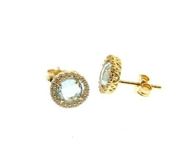 18K YELLOW GOLD EARRINGS CUSHION ROUND BLUE TOPAZ AND CUBIC ZIRCONIA FRAME.