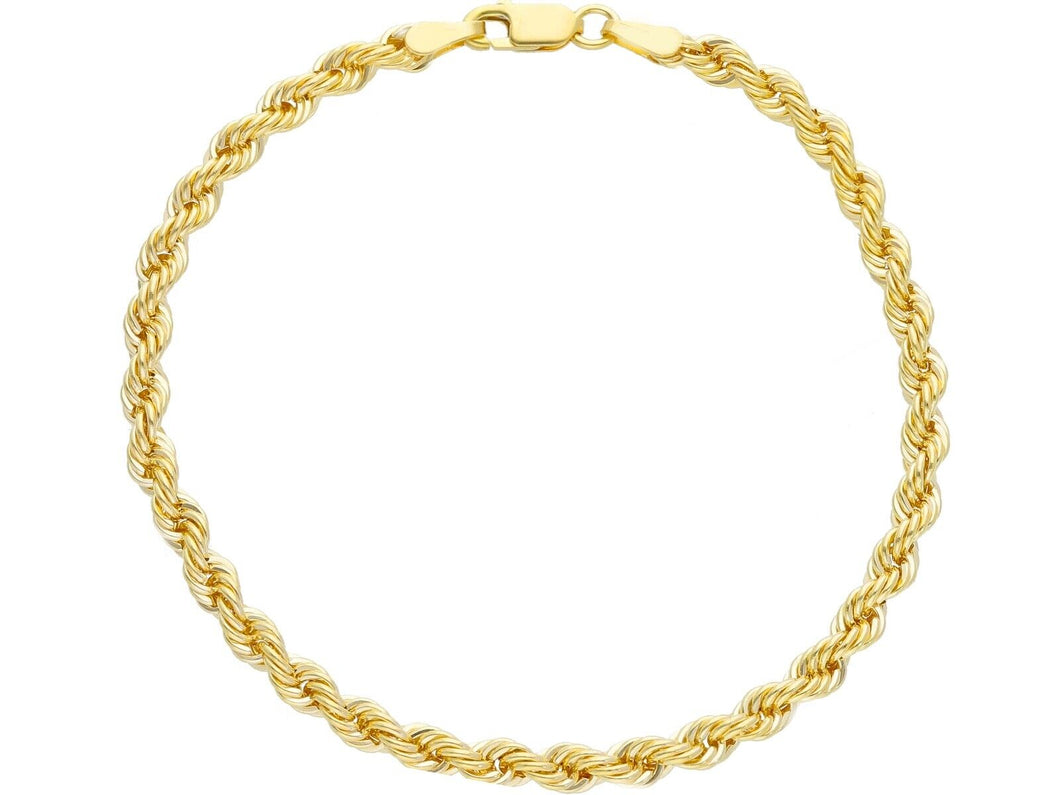 9K YELLOW GOLD 4mm ROPE BRAID CORD HOLLOW BRACELET, LENGTH 18cm 7.1