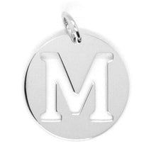 Load image into Gallery viewer, 18k white gold round medal with initial M letter M made in Italy diameter 0.5 in
