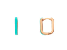 Load image into Gallery viewer, 18K ROSE GOLD TURQUOISE ENAMEL HOOPS SQUARE 12mm x 2mm EARRINGS, MADE IN ITALY.
