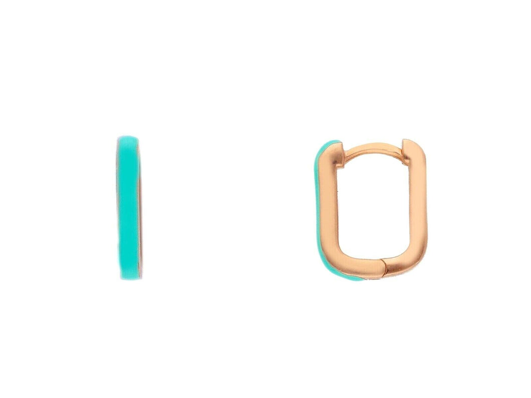 18K ROSE GOLD TURQUOISE ENAMEL HOOPS SQUARE 12mm x 2mm EARRINGS, MADE IN ITALY.