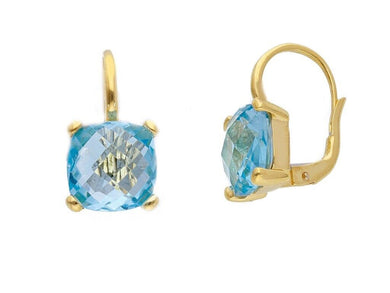 18k yellow gold four prongs pendant earring with big 10mm blue topaz cushion cut.