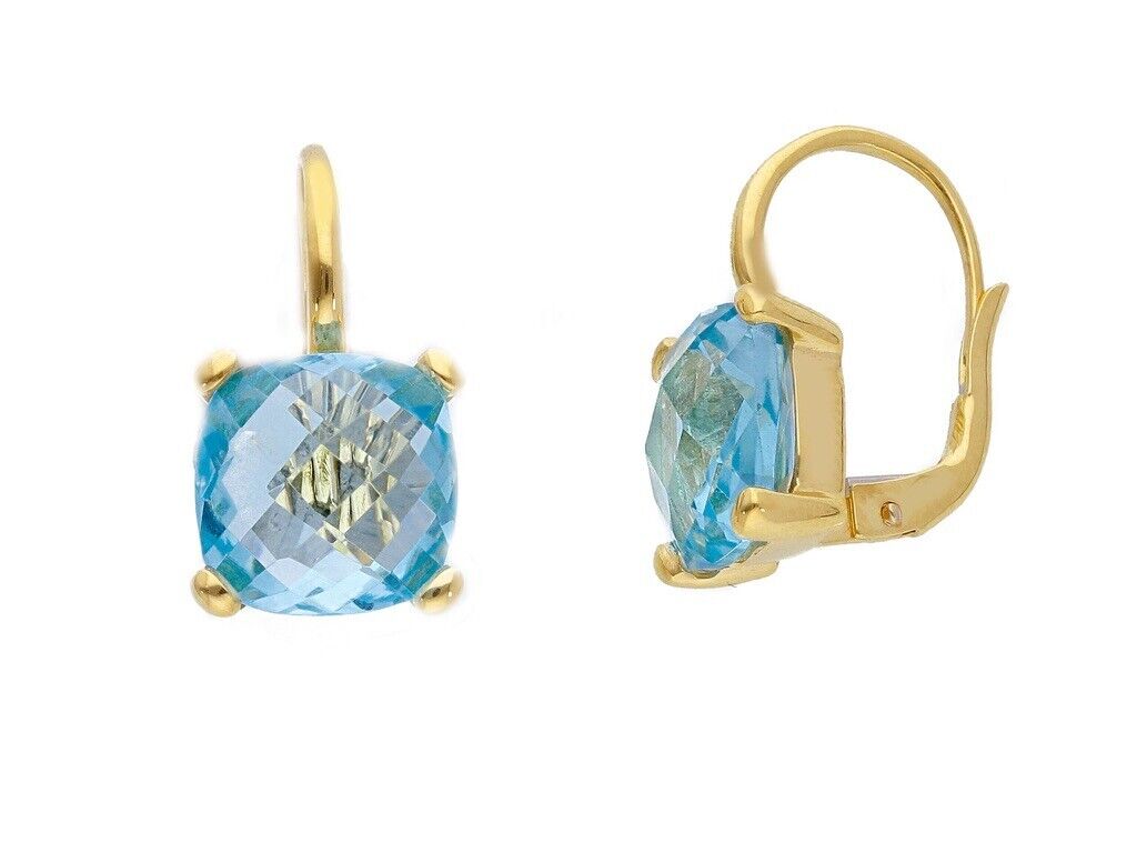 18k yellow gold four prongs pendant earring with big 10mm blue topaz cushion cut.