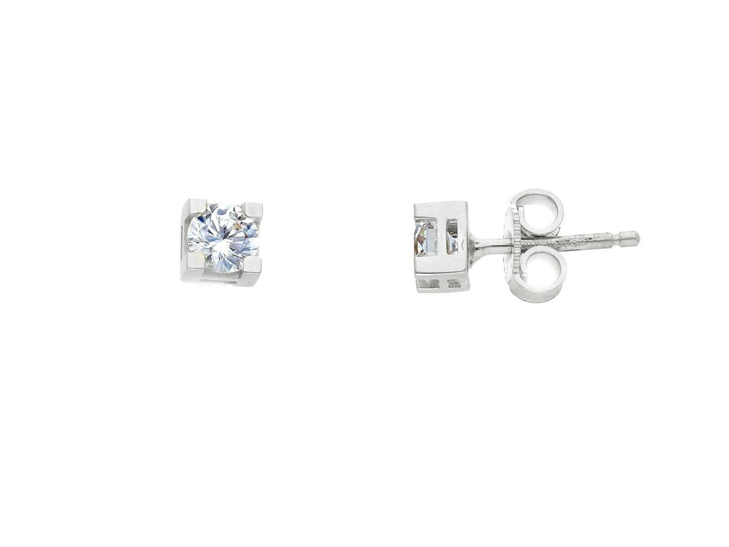 18K WHITE GOLD STUD EARRINGS WHITE 4mm CUBIC ZIRCONIA, 4 PRONG, SOLITAIRE.