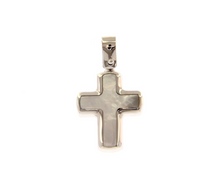 Cargar imagen en el visor de la galería, 18k white gold small 17mm rounded stylized cross pendant with mother of pearl.
