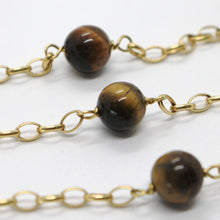 Load image into Gallery viewer, 18K YELLOW GOLD NECKLACE OVAL ROLO CHAIN ALTERNATE WITH TIGER&#39;S EYE BALLS 8 MM.
