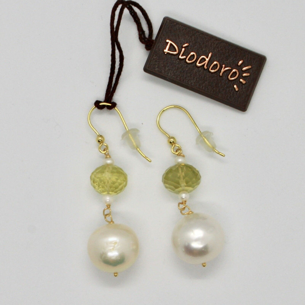 SOLID 18K YELLOW GOLD EARRINGS WITH WHITE PEARL AND LEMON QUARTZ MADE IN ITALY.