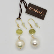 SOLID 18K YELLOW GOLD EARRINGS WITH WHITE PEARL AND LEMON QUARTZ MADE IN ITALY.