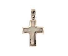 Load image into Gallery viewer, 18k white gold 20mm rounded stylized cross pendant with mother of pearl pendant.
