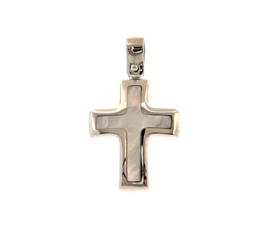 18k white gold 20mm rounded stylized cross pendant with mother of pearl pendant.