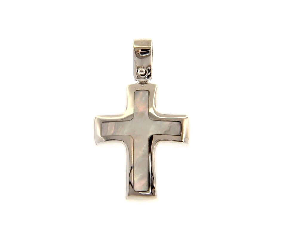 18k white gold 20mm rounded stylized cross pendant with mother of pearl pendant.