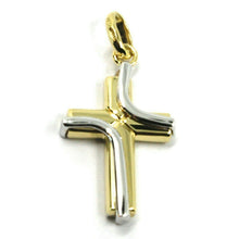 Load image into Gallery viewer, 18k yellow &amp; white gold cross pendant, double wave, two faces, 1.18 inches.
