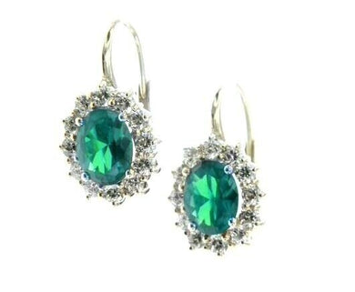 18k white gold flower leverback earrings big 7x9mm oval green crystal, zirconia.