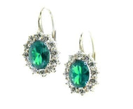18k white gold flower leverback earrings big 7x9mm oval green crystal, zirconia.