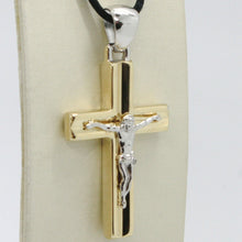 Load image into Gallery viewer, 18K YELLOW WHITE GOLD JESUS CROSS PENDANT SQUARED 1.6 INCHES, 4.1 CM, ITALY MADE.
