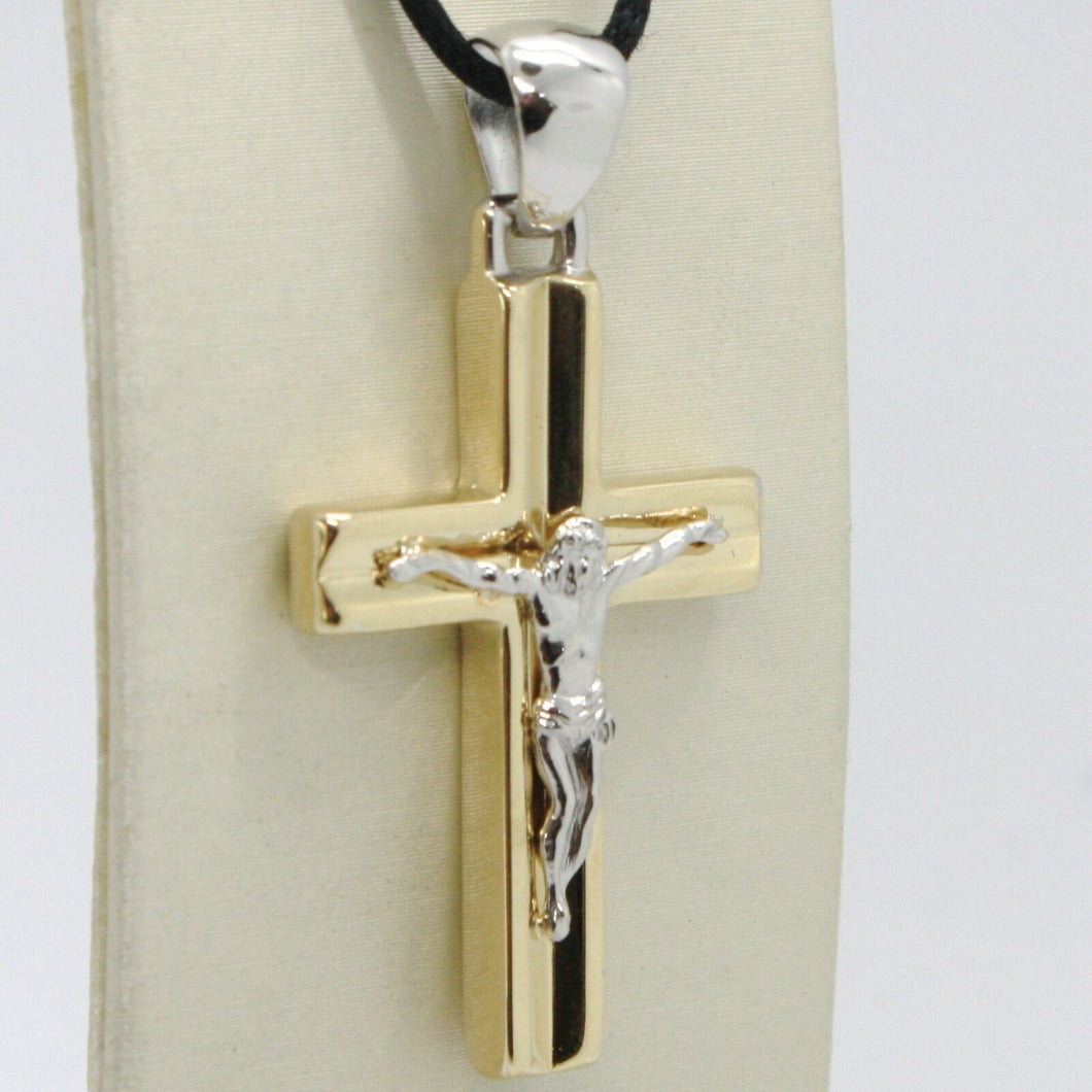 18K YELLOW WHITE GOLD JESUS CROSS PENDANT SQUARED 1.6 INCHES, 4.1 CM, ITALY MADE.