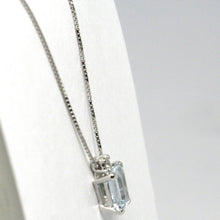 Load image into Gallery viewer, 18k white gold necklace aquamarine 0.45 emerald cut &amp; diamond, pendant &amp; chain
