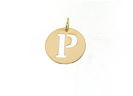 18K YELLOW GOLD LUSTER ROUND MEDAL WITH LETTER P MADE IN ITALY DIAMETER 0.5 IN