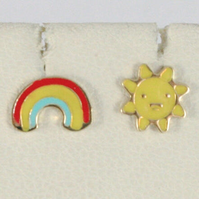 18k yellow gold kids earrings glazed flat sun and rainbow, made in Italy.