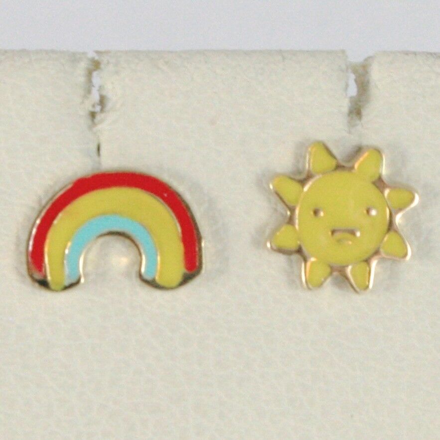 18k yellow gold kids earrings glazed flat sun and rainbow, made in Italy.