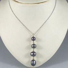 Load image into Gallery viewer, 18k white gold lariat necklace rolo chain fw round oval drop black pearl pendant.
